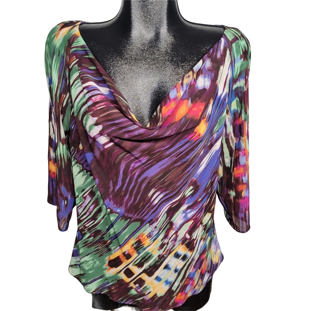 Jones Wear Petites Multicolor Abstract 3/4 Sleeve Draped Neckline Blouse 10P